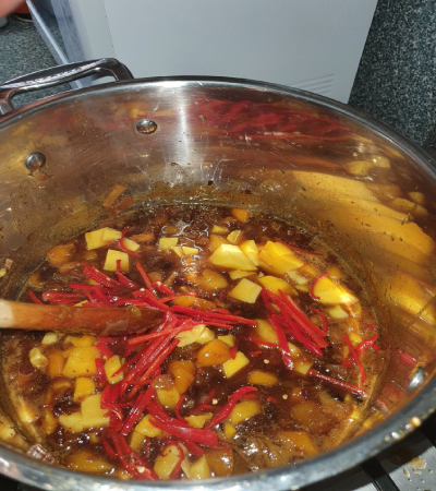 Pot after 1 hour of cooking. Adding the last mango pieces and red chillies